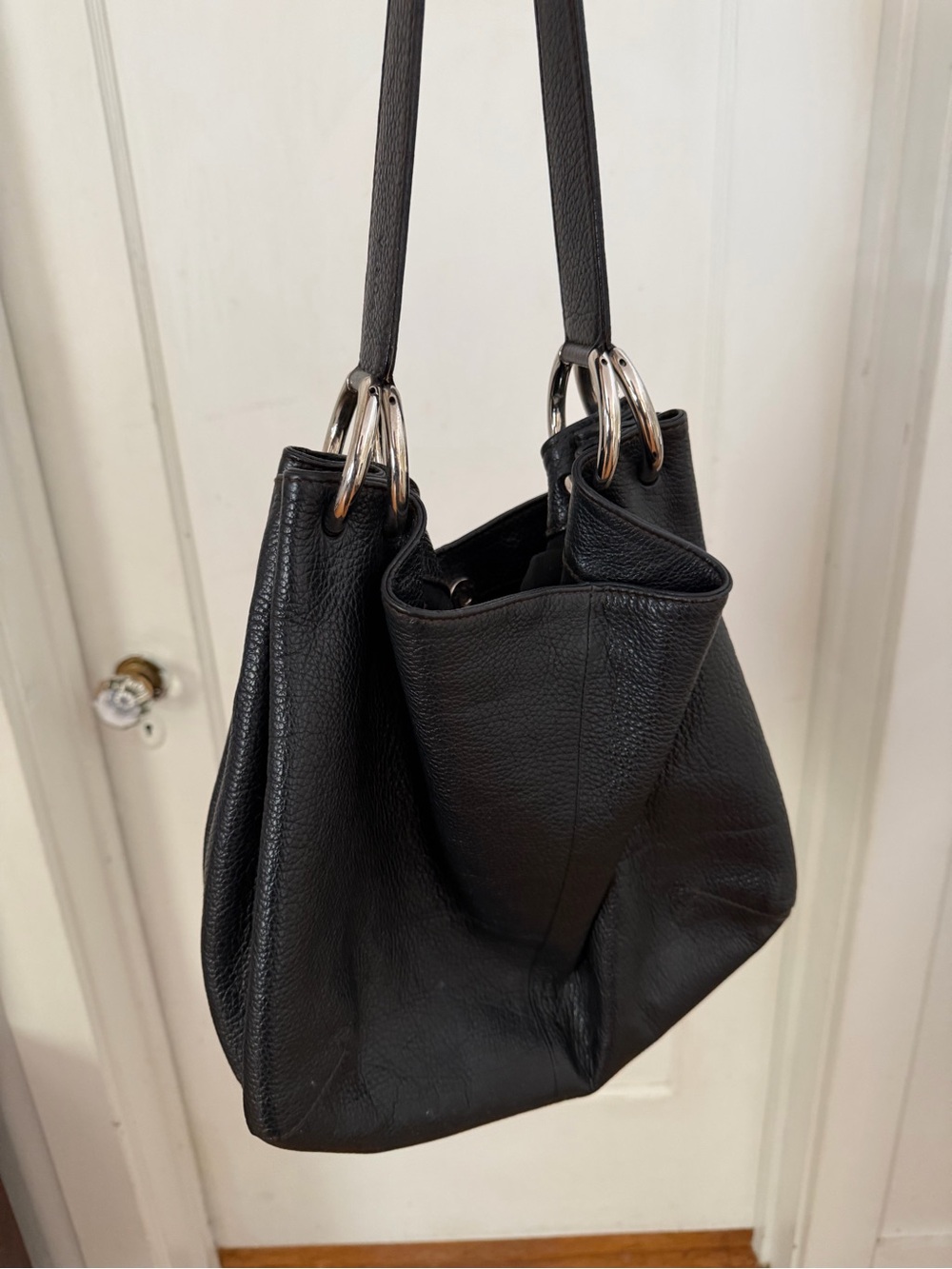 Furla Black Pebbled Leather Shoulder Bag with Silver Rings